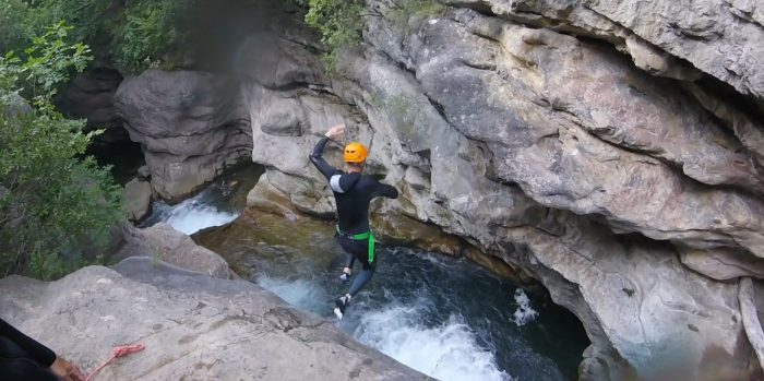 A big jump while canyoning in Gorges du loup for daring participants.